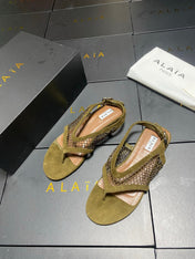 ALAIA 26S FLAT MESH THONG SANDALS MM IN MOSS GREEN SUEDE