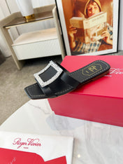VIV' BY THE SEA MULES IN BLACK CALFSKIN CRYSTAL BUCKLE