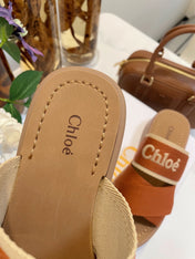 CHLOÉ WOODY WEDGE SANDALS IN BRONZE BROWN CANVAS WITH CIDER BROWN RUBBER SOLE
