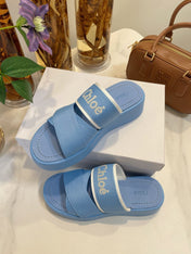 CHLOÉ WOODY WEDGE SANDALS IN CERULEAN BLUE CANVAS WITH RUBBER SOLE