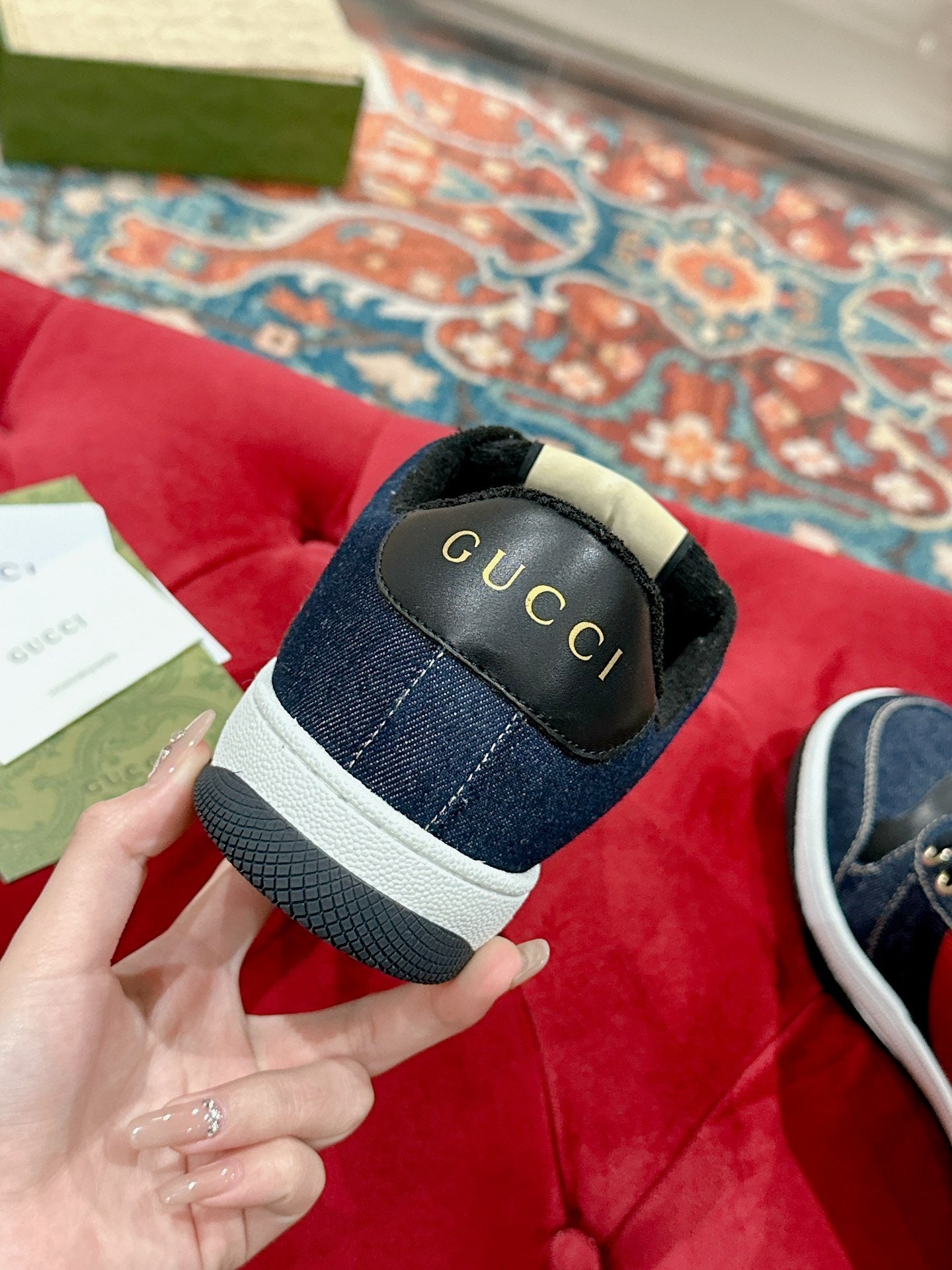 GUCCI 26S SCREENER SNEAKER IN DARK BLUE DENIM AND LEATHER