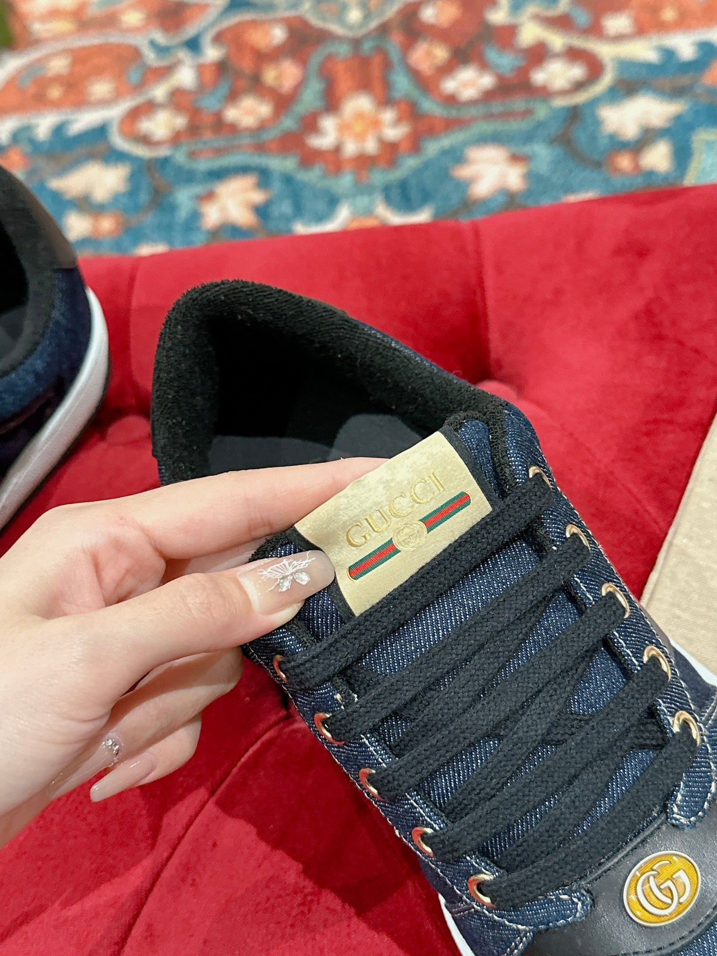 GUCCI 26S SCREENER SNEAKER IN DARK BLUE DENIM AND LEATHER