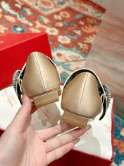 MARY JANES IN GOLD SATIN WITH CRYSTAL SQUARE BUCKLE