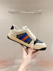 GUCCI 26S SCREENER SNEAKER IN BEIGE SUEDE MIX NAVY BLUE CANVAS