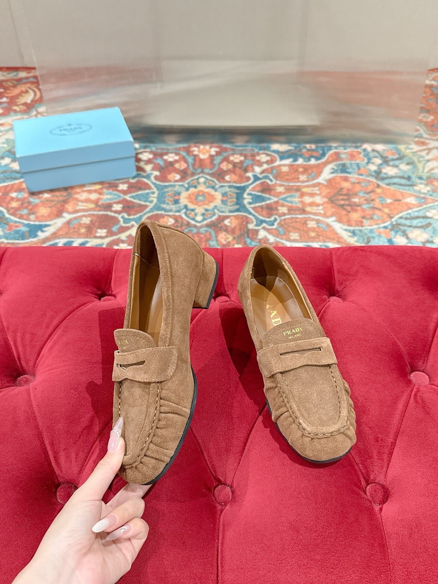 PRADA 26S LOAFERS 25MM IN CARAMEL BROWN SUEDE