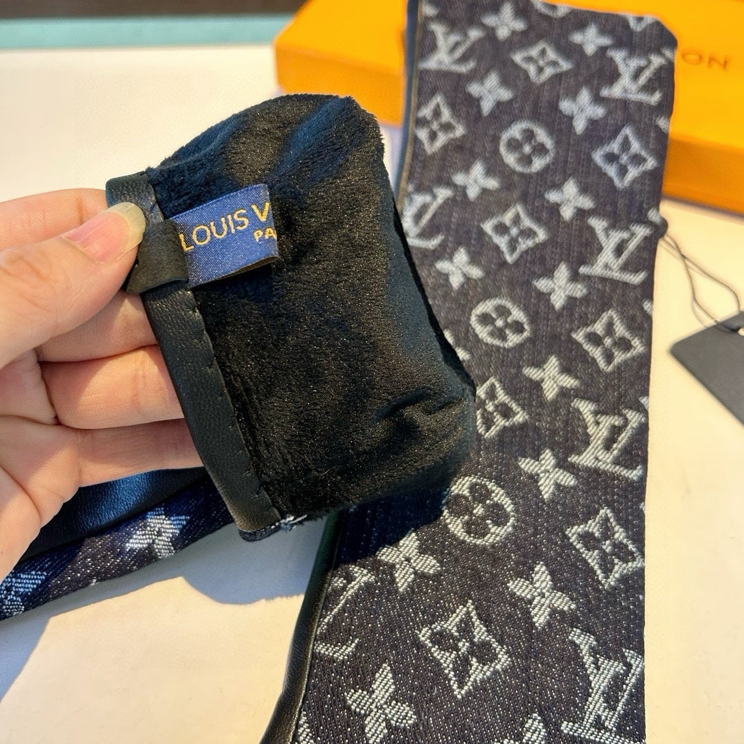 FINGERLESS LONG GLOVES IN BLACK MONOGRAM DENIM AND LAMBSKIN