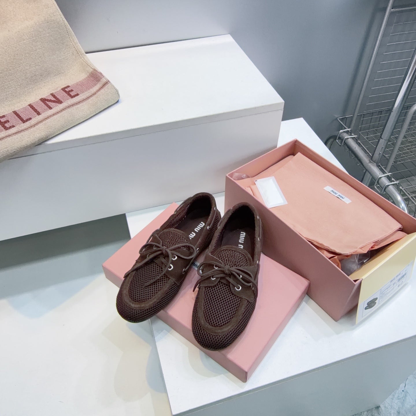 MIUMIU 26S BOAT SHOES IN DARK BROWN MESH AND SUEDE