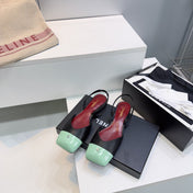 CHANEL 26S FLAT SLINGBACK IN BLACK LAMBSKIN WITH MINT GREEN CAP TOE