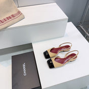 CHANEL 26S FLAT SLINGBACK IN BEIGE LAMBSKIN WITH BLACK CAP TOE