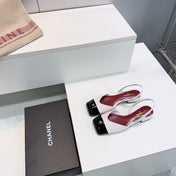 CHANEL 26S FLAT SLINGBACK IN WHITE LAMBSKIN WITH BLACK CAP TOE