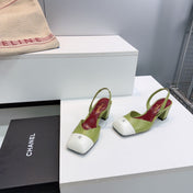 CHANEL 26S SLINGBACK 55 MM IN GREEN LAMBSKIN WITH WHITE CAP TOE