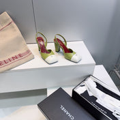 CHANEL 26S SLINGBACK 95 MM IN GREEN LAMBSKIN WITH WHITE CAP TOE