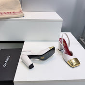 CHANEL 26S SLINGBACK 95 MM IN WHITE LAMBSKIN WITH GOLD CAP TOE