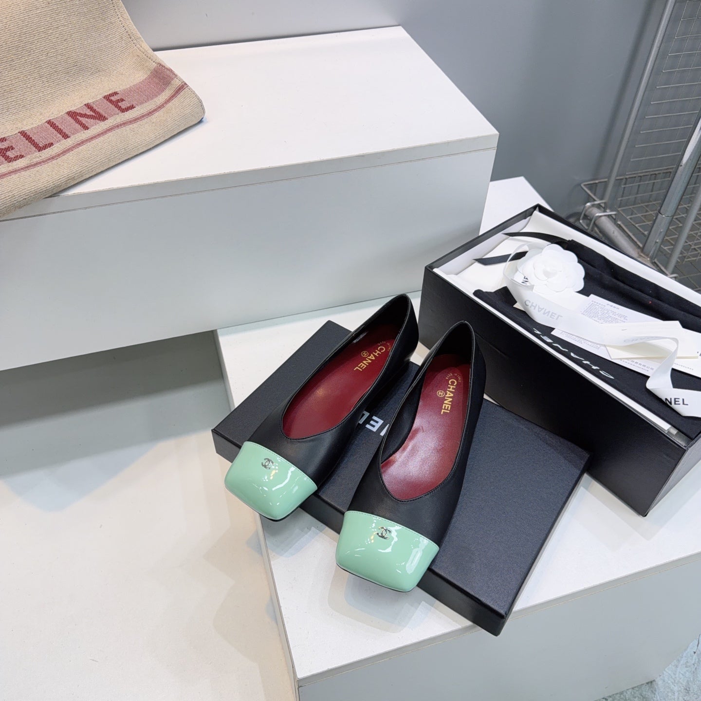 CHANEL 26S FLATS IN BLACK LAMBSKIN WITH MINT GREEN CAP TOE
