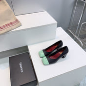 CHANEL 26S SQUARE-TOE HIGH HEELS 55 MM IN BLACK LAMBSKIN WITH MINT GREEN CAP TOE