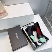 CHANEL 26S SQUARE-TOE HIGH HEELS 55 MM IN BLACK LAMBSKIN WITH MINT GREEN CAP TOE