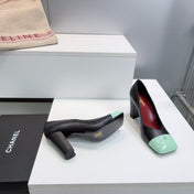 CHANEL 26S SQUARE-TOE HIGH HEELS 95 MM IN BLACK LAMBSKIN WITH MINT GREEN CAP TOE