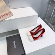CHANEL 26S SQUARE-TOE HIGH HEELS 95 MM IN RED GLOSSY LAMBSKIN WITH WHITE CAP TOE