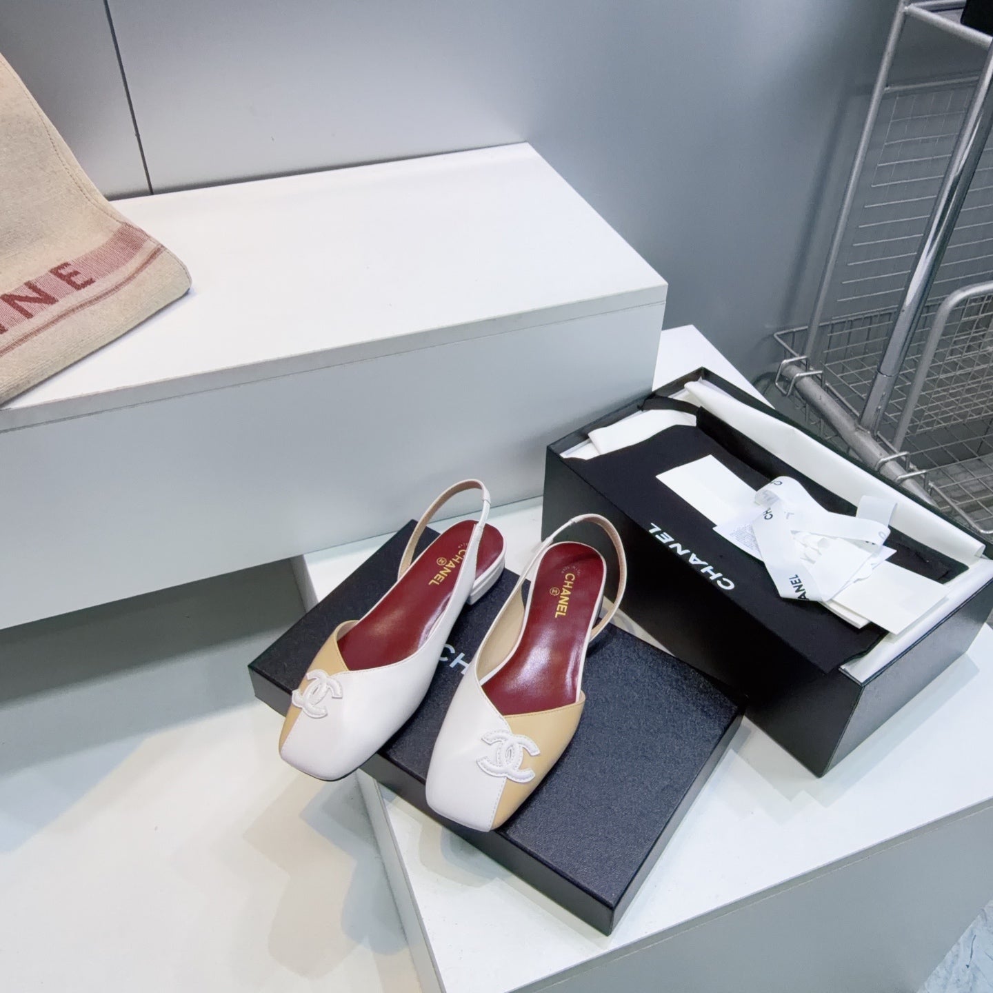 CHANEL 26S FLAT SLINGBACK IN BEIGE AND WHITE LAMBSKIN