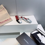 CHANEL 26S FLAT SLINGBACK IN SILVER LAMBSKIN AND BLACK SUEDE