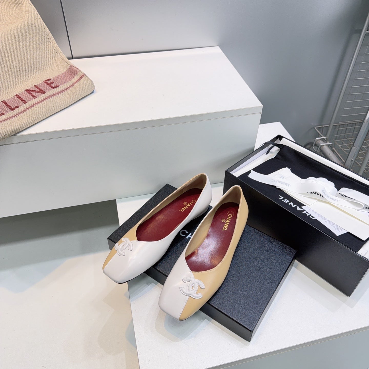 CHANEL 26S SQUARE-TOE FLATS IN BEIGE AND WHITE LAMBSKIN