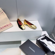 CHANEL 26S SQUARE-TOE FLATS IN GOLD LAMBSKIN AND BLACK SUEDE