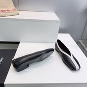 CHANEL 26S SQUARE-TOE FLATS IN BLACK LAMBSKIN WITH WHITE TRIM