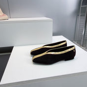 CHANEL 26S SQUARE-TOE FLATS IN BLACK SUEDE WITH GOLD PATENT TRIM