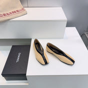CHANEL 26S SQUARE-TOE FLATS IN BEIGE SUEDE WITH BLACK PATENT TRIM