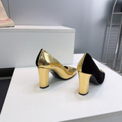 CHANEL 26S SQUARE-TOE HIGH HEELS 95 MM IN GOLD LAMBSKIN AND BLACK SUEDE