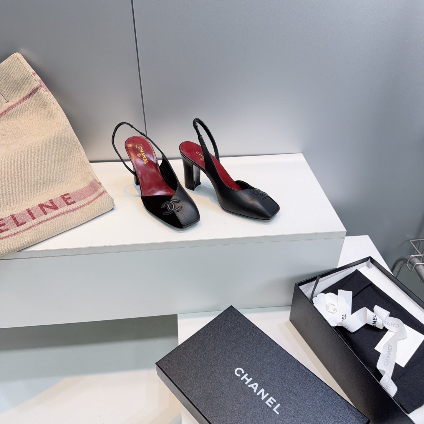 CHANEL 26S SLINGBACK 100 MM IN BLACK SUEDE AND LAMBSKIN