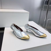 CHANEL 26S COLOR-BLOCK HIGH HEELS 45 MM IN SILVER AND GOLD LAMBSKIN