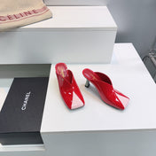 CHANEL 26S HIGH-HEEL MULES 70 MM IN PINK AND RED LAMBSKIN