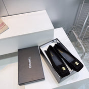 CHANEL 26S SQUARE-TOE BALLET FLATS IN BLACK SUEDE