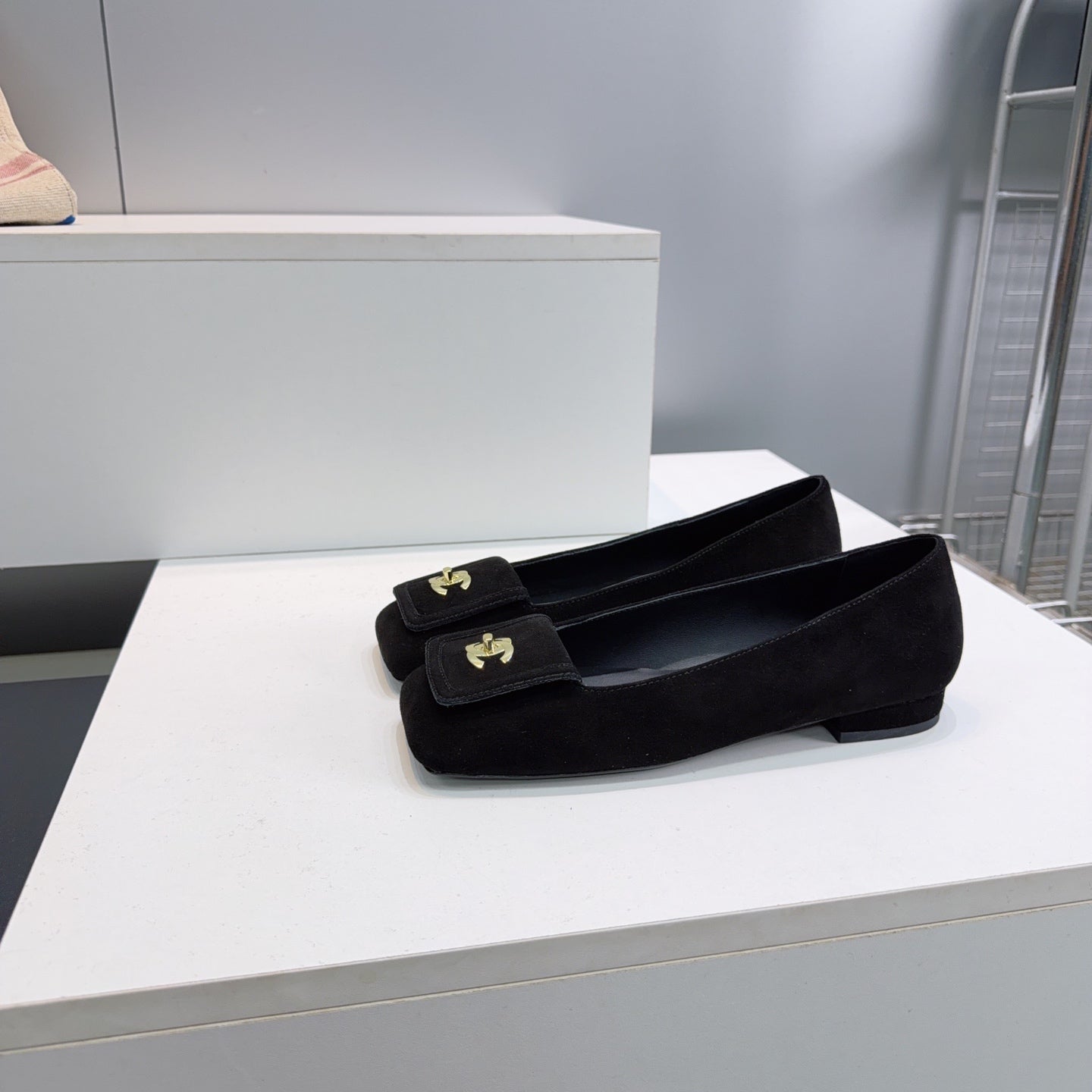 CHANEL 26S SQUARE-TOE BALLET FLATS IN BLACK SUEDE