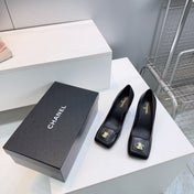 CHANEL 26S SQUARE-TOE HIGH HEELS 95 MM IN BLACK LAMBSKIN