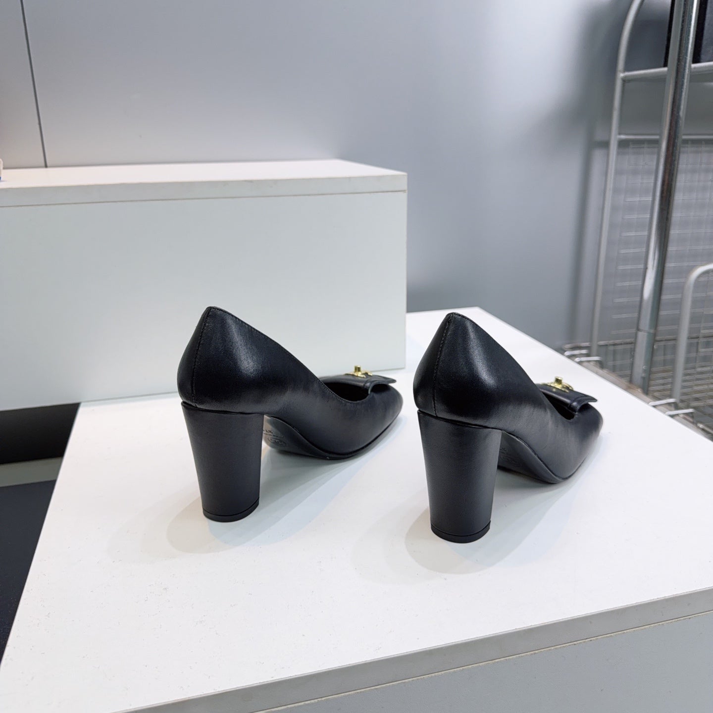 CHANEL 26S SQUARE-TOE HIGH HEELS 95 MM IN BLACK LAMBSKIN