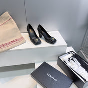 CHANEL 26S SQUARE-TOE HIGH HEELS 95 MM IN BLACK LAMBSKIN