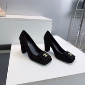 CHANEL 26S SQUARE-TOE HIGH HEELS 95 MM IN BLACK SUEDE