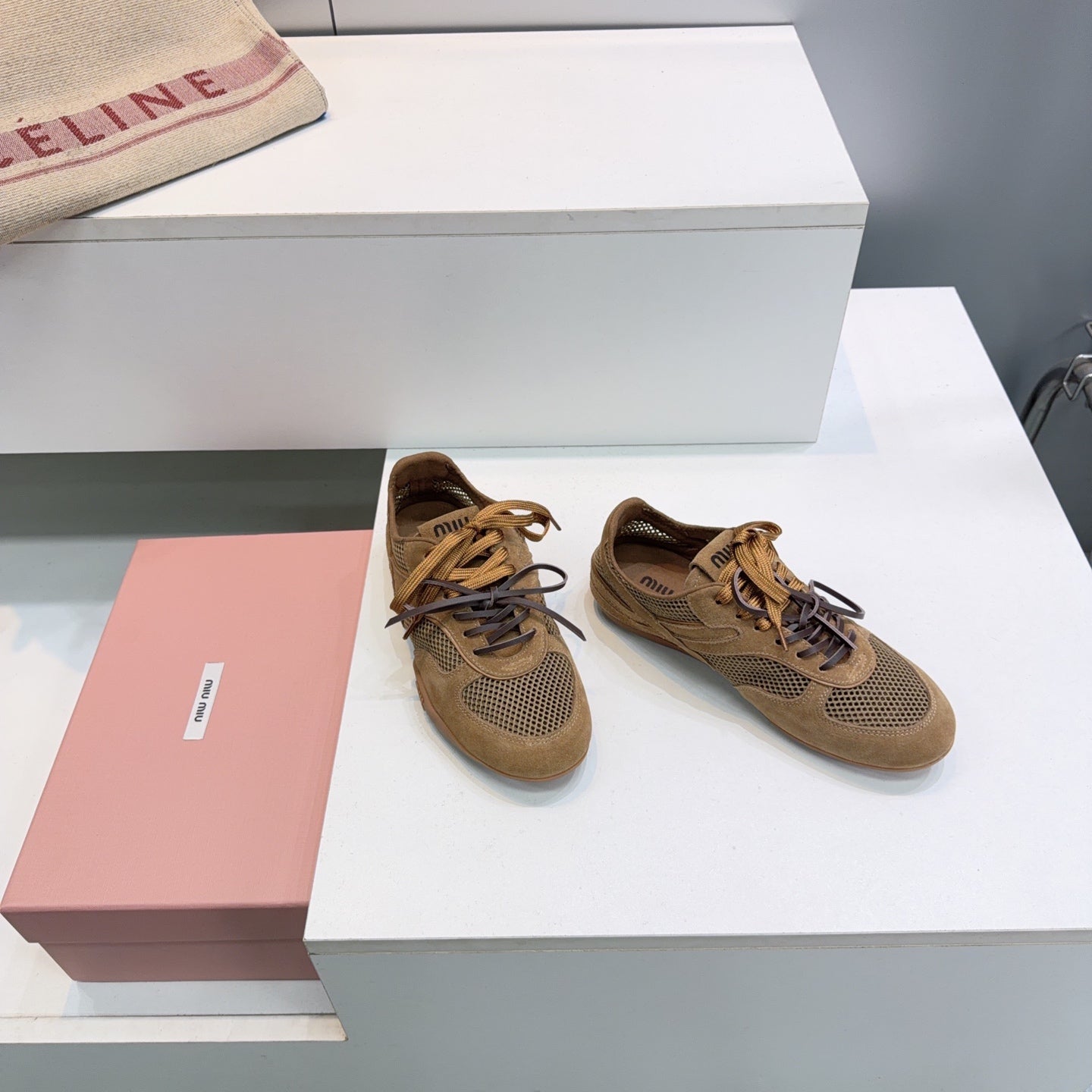 MIUMIU 26S SNEAKERS IN CARAMEL BROWN MESH AND SUEDE