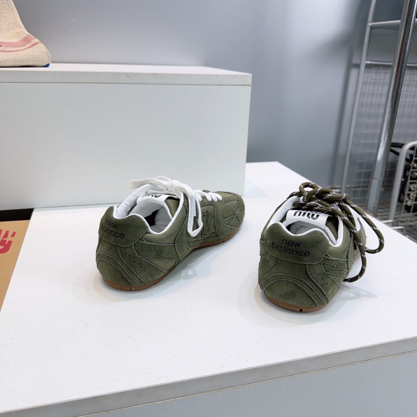 MIUMIU 26S NEW BALANCE SNEAKERS IN OLIVE GREEN SUEDE & FABRIC
