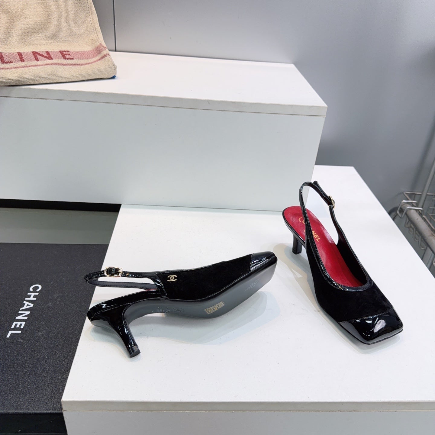 CHANEL 26S HIGH HEEL SLINGBACK PUMPS 65 MM IN BLACK LAMBSKIN AND SUEDE