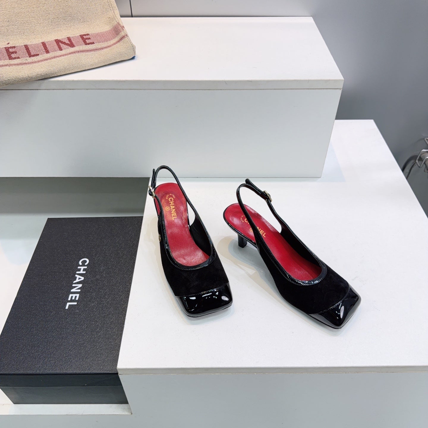 CHANEL 26S HIGH HEEL SLINGBACK PUMPS 65 MM IN BLACK LAMBSKIN AND SUEDE