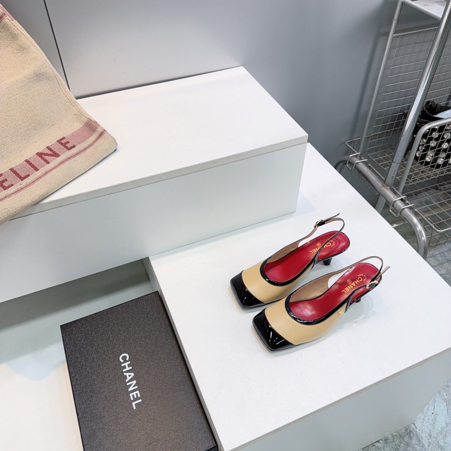 CHANEL 26S HIGH HEEL SLINGBACK PUMPS 65 MM IN BLACK AND BEIGE LAMBSKIN