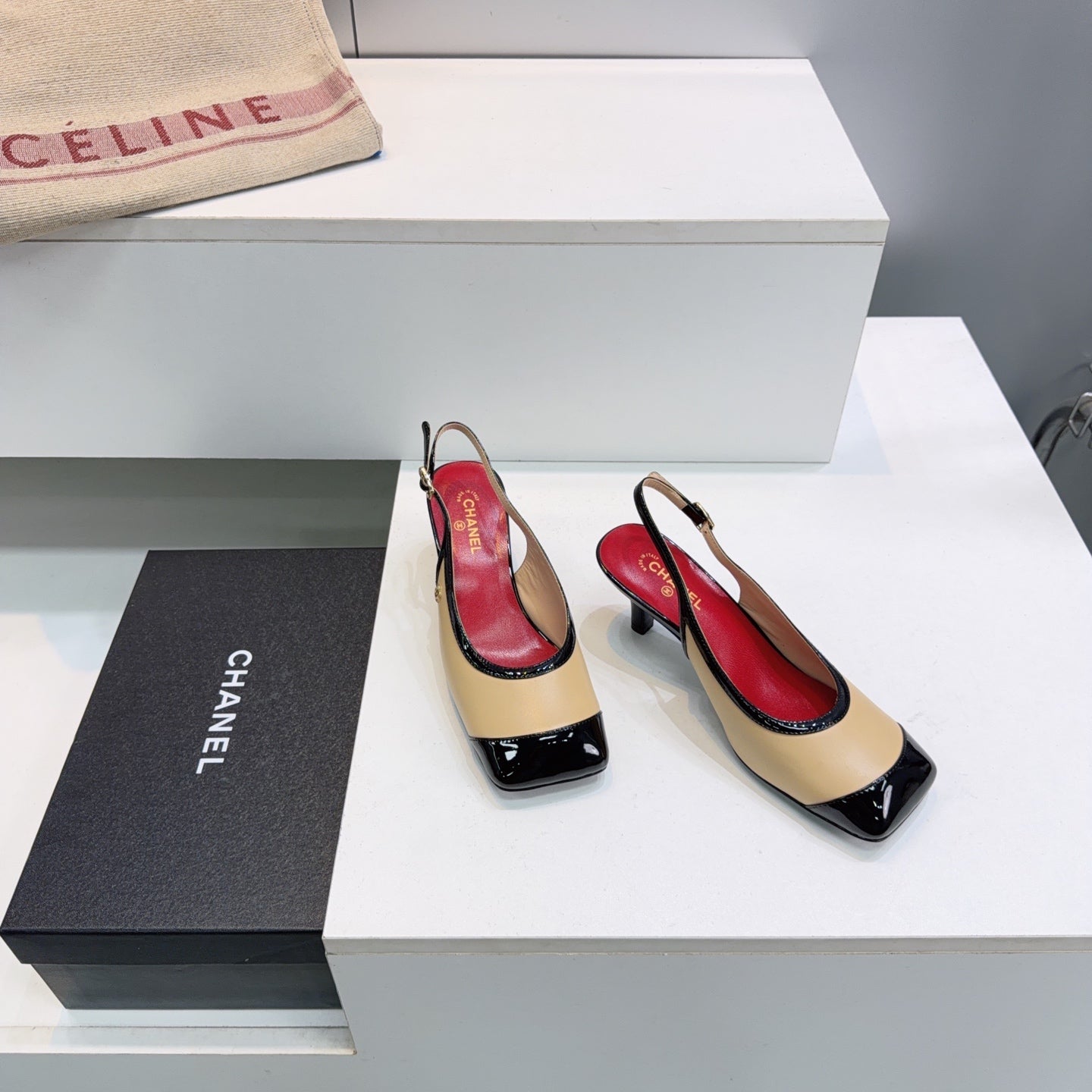 CHANEL 26S HIGH HEEL SLINGBACK PUMPS 65 MM IN BLACK AND BEIGE LAMBSKIN