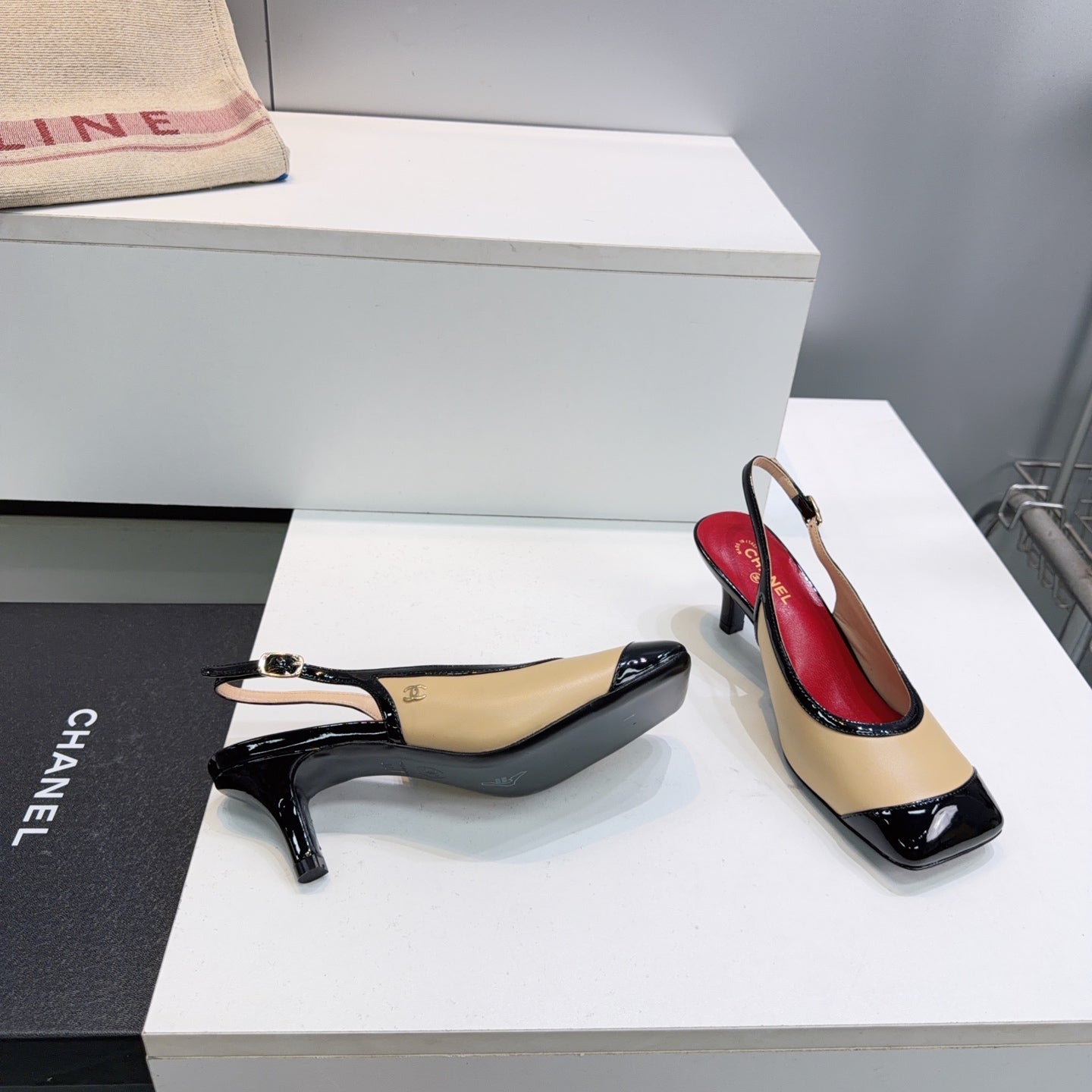 CHANEL 26S HIGH HEEL SLINGBACK PUMPS 65 MM IN BLACK AND BEIGE LAMBSKIN