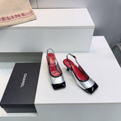 CHANEL 26S HIGH HEEL SLINGBACK PUMPS 65 MM IN BLACK AND SILVER LAMBSKIN