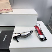 CHANEL 26S HIGH HEEL SLINGBACK PUMPS 65 MM IN BLACK AND SILVER LAMBSKIN