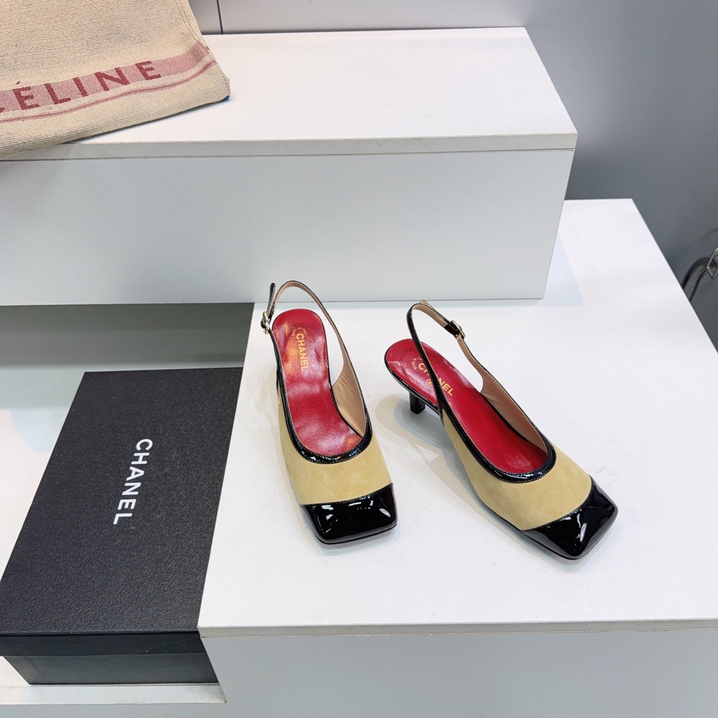 CHANEL 26S HIGH HEEL SLINGBACK PUMPS 65 MM IN BLACK LAMBSKIN AND BEIGE SUEDE