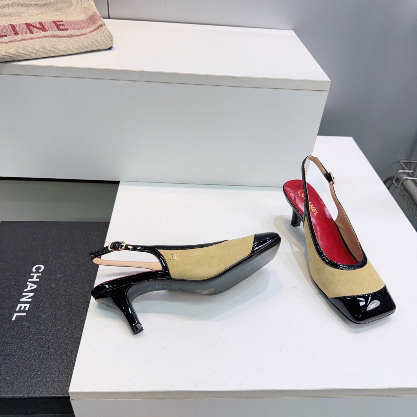 CHANEL 26S HIGH HEEL SLINGBACK PUMPS 65 MM IN BLACK LAMBSKIN AND BEIGE SUEDE